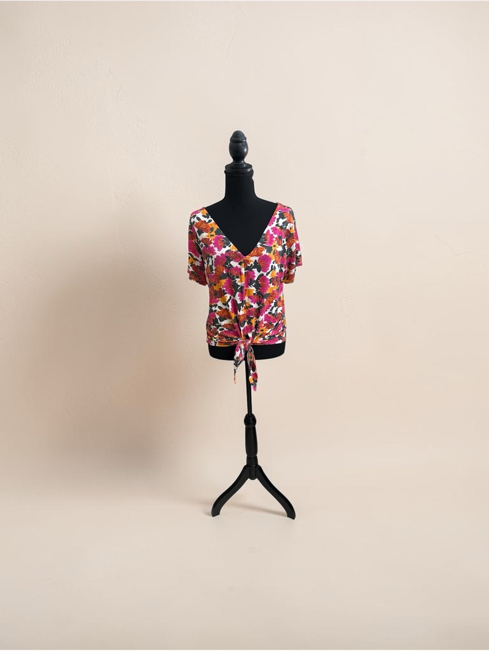 V-Neck Tie-Front Floral Button Down Top - Pink Multi